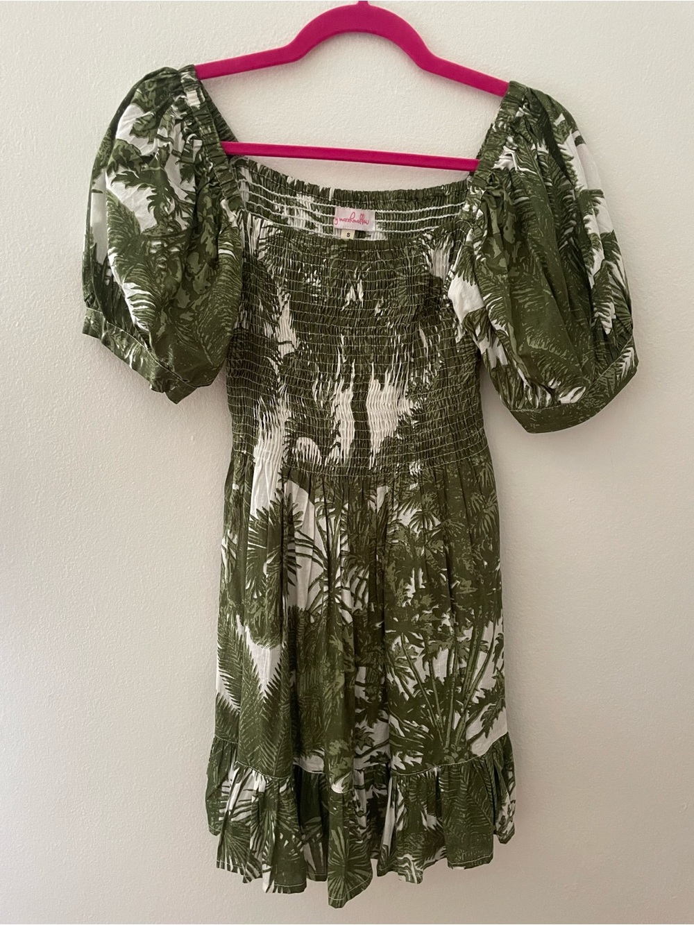 Mary Marshmallow Green Palm-Print Smocked Dress with Puff Sleeves